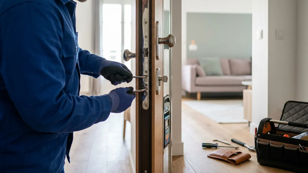 Serrurier réglant les points de fermeture d'une porte blindée dans un appartement de Sucy-en-Brie