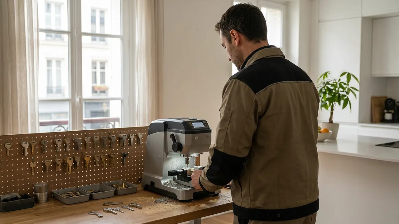 Machine à reproduire les clés taillant un double dans un atelier de serrurerie à Sucy-en-Brie