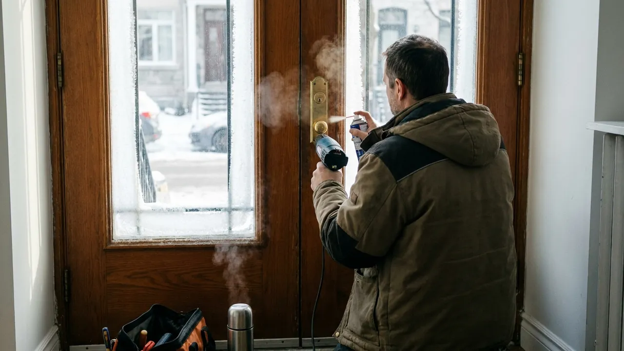 Clé engagée dans le cylindre givré d'un portillon de jardin un matin d'hiver à Sucy-en-Brie